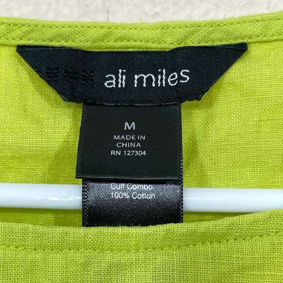 Ali Miles Linen Blend Size M Tunic Top Button Detail Yellow Green Lagenlook - Picture 3 of 5